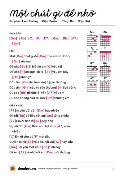 Hợp âm Một chút gì để nhớ (Quỳnh Lan) – bản nhạc PDF trang 1, tông Dm