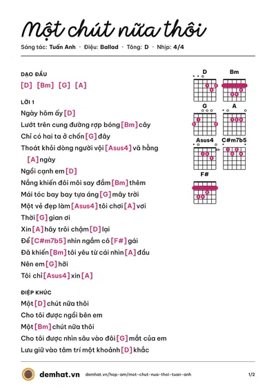Hợp âm Một chút nữa thôi (Tuấn Anh) – bản nhạc PDF trang 1, tông D