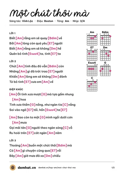 Hợp âm Một chút thôi mà (Mai Trâm) – bản nhạc PDF trang 1, tông Am