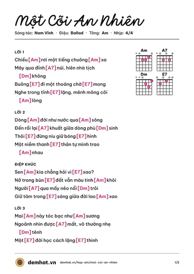 Hợp âm Một Cõi An Nhiên (Quỳnh Hà) – bản nhạc PDF trang 1, tông Am