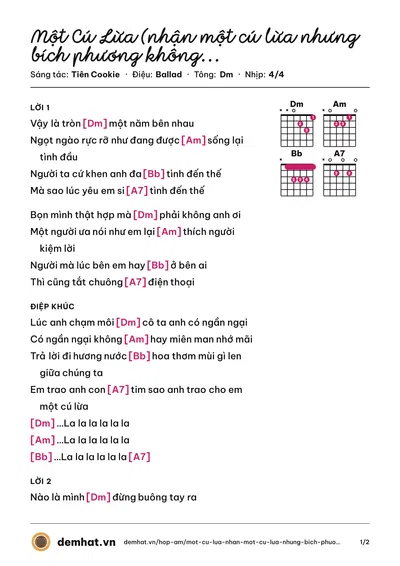 Hợp âm Một Cú Lừa (nhận một cú lừa nhưng bích phương không quá buồn như anh nghĩ đâu) (Bích Phương) – bản nhạc PDF trang 1, tông Dm