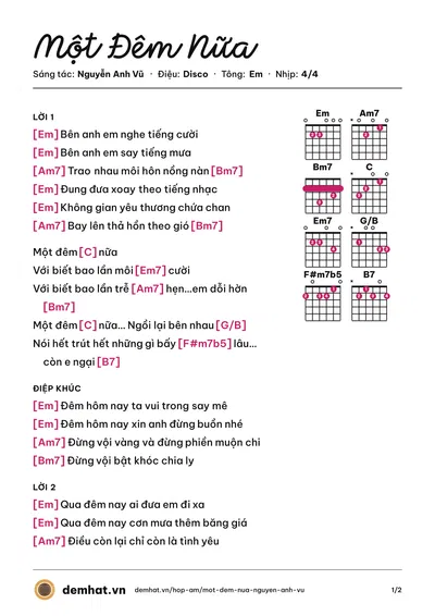 Hợp âm Một Đêm Nữa (Myra Trần) – bản nhạc PDF trang 1, tông Em