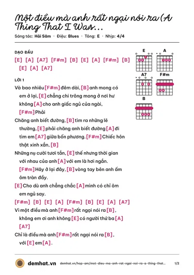 Hợp âm Một điều mà anh rất ngại nói ra (A Thing That I Was Afraid To Say) (Hải Sâm) – bản nhạc PDF trang 1, tông E