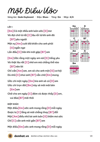 Hợp âm Một Điều Ước (Lý Hải) – bản nhạc PDF trang 1, tông Em