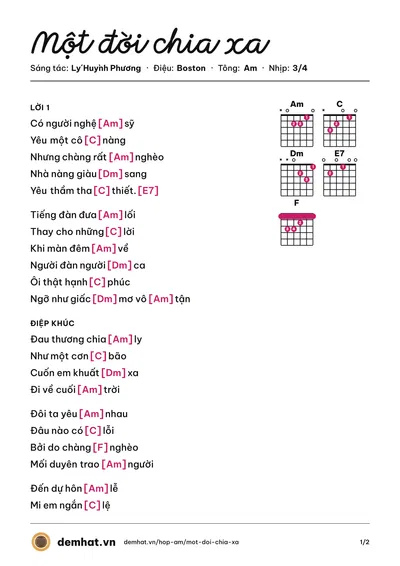 Hợp âm Một đời chia xa (Lý Huỳnh Phương) – bản nhạc PDF trang 1, tông Am
