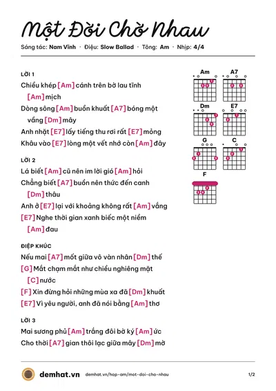 Hợp âm Một Đời Chờ Nhau (Nam Vĩnh) – bản nhạc PDF trang 1, tông Am