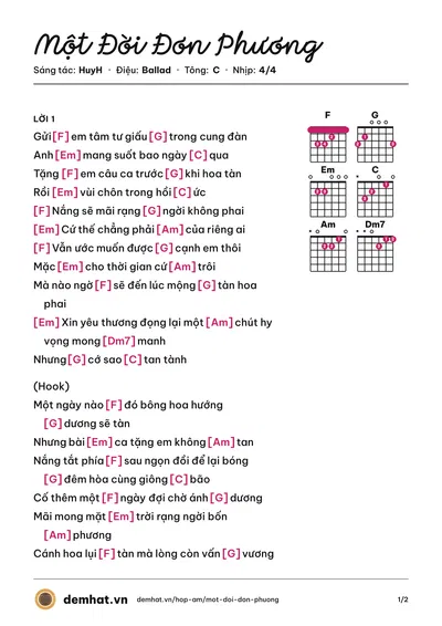 Hợp âm Một Đời Đơn Phương (HuyH) – bản nhạc PDF trang 1, tông C