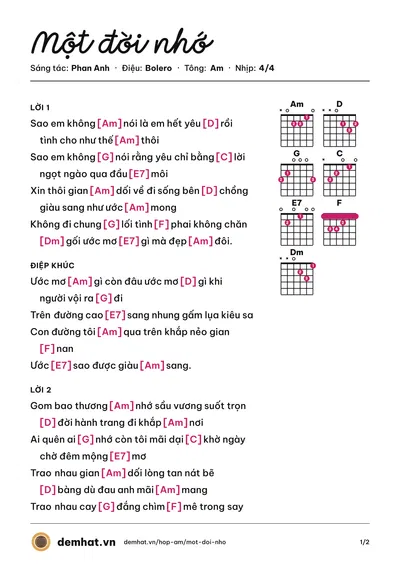 Hợp âm Một đời nhớ (Lee Phạm) – bản nhạc PDF trang 1, tông Am
