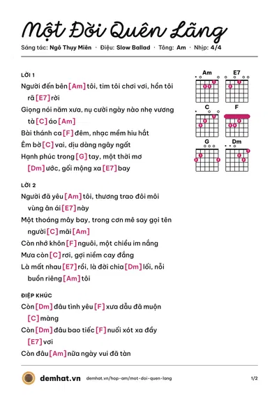 Hợp âm Một Đời Quên Lãng (Khánh Hà) – bản nhạc PDF trang 1, tông Am