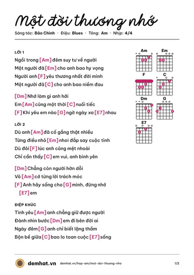 Hợp âm Một đời thương nhớ (Bảo Chinh) – bản nhạc PDF trang 1, tông Am
