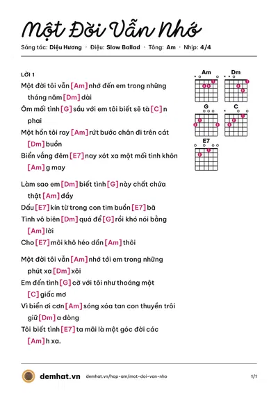 Hợp âm Một Đời Vẫn Nhớ (Quang Dũng) – bản nhạc PDF trang 1, tông Am