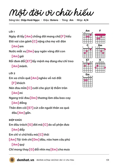 Hợp âm Một đời vì chữ hiếu (Diệp Hoài Ngọc) – bản nhạc PDF trang 1, tông Am