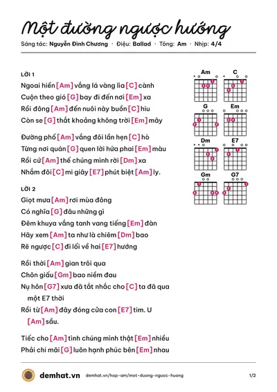 Hợp âm Một đường ngược hướng (Nguyễn Đình Chương) – bản nhạc PDF trang 1, tông Am