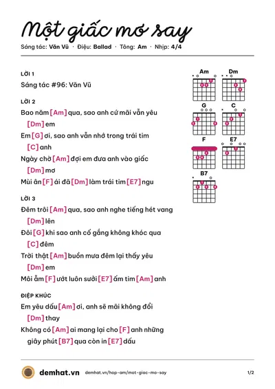 Hợp âm Một giấc mơ say (Văn Vũ) – bản nhạc PDF trang 1, tông Am