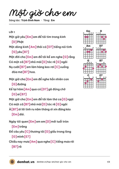 Hợp âm Một giờ cho em (Phú Nguyễn) – bản nhạc PDF trang 1, tông Em
