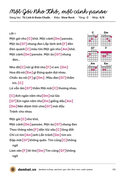 Hợp âm Một Gói Nho Khô, một cánh panse (Lan Sinh) – bản nhạc PDF trang 1, tông C