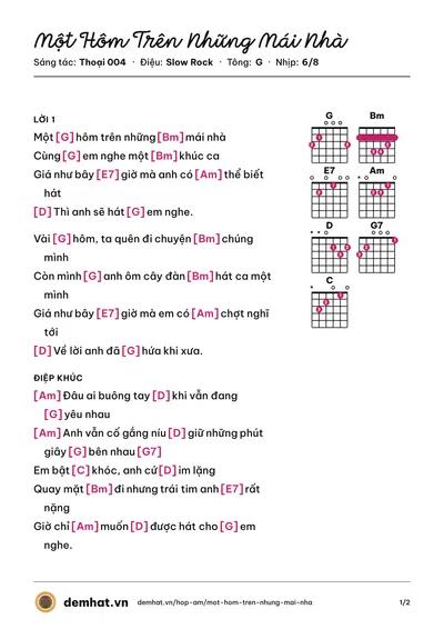 Hợp âm Một Hôm Trên Những Mái Nhà (Thoại 004) – bản nhạc PDF trang 1, tông G