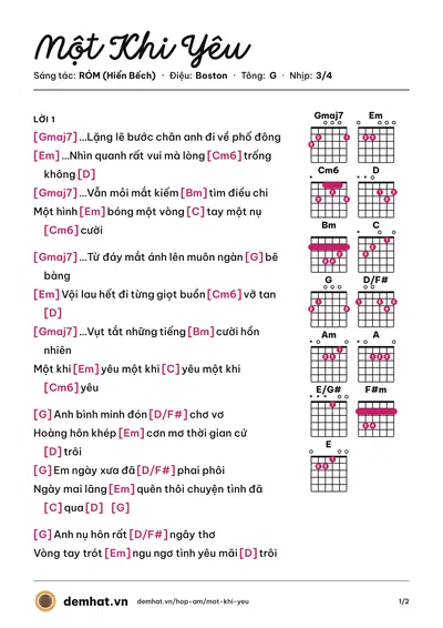 Hợp âm Một Khi Yêu (RÓM (Hiển Bếch)) – bản nhạc PDF trang 1, tông G