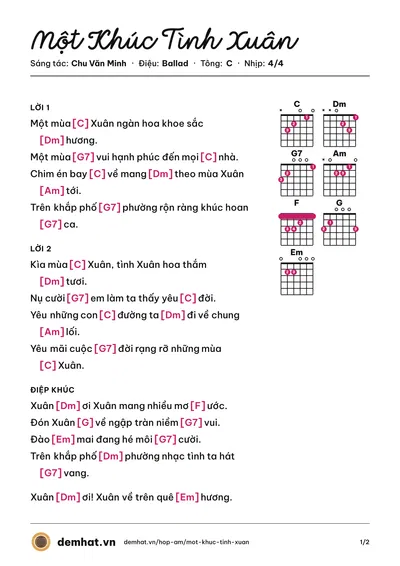 Hợp âm Một Khúc Tình Xuân (Minh Lý) – bản nhạc PDF trang 1, tông C
