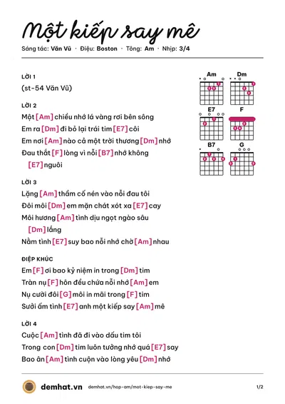 Hợp âm Một kiếp say mê (Văn Vũ) – bản nhạc PDF trang 1, tông Am