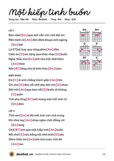 Hợp âm Một kiếp tình buồn (Văn Vũ) – bản nhạc PDF trang 1, tông Em