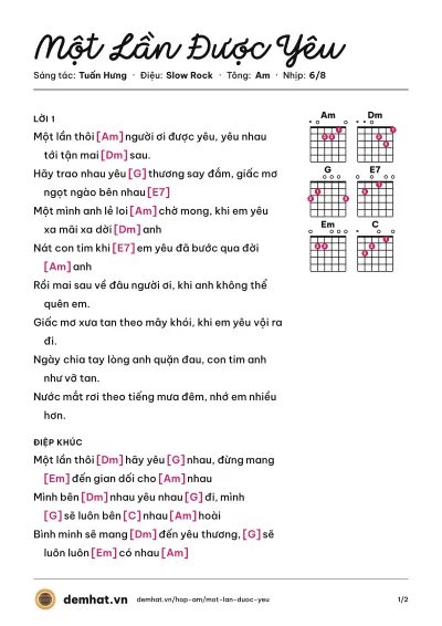 Hợp âm Một Lần Được Yêu (Tuấn Hưng) – bản nhạc PDF trang 1, tông Am