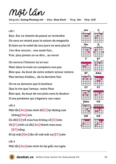 Hợp âm Một lần (Nguyên Khang) – bản nhạc PDF trang 1, tông Am