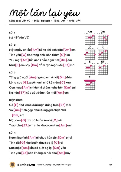 Hợp âm Một lần lại yêu (Văn Vũ) – bản nhạc PDF trang 1, tông Am