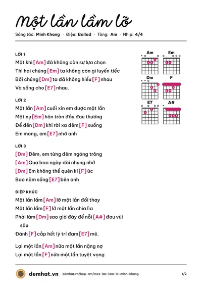 Hợp âm Một lần lầm lỡ (Minh Khang) – bản nhạc PDF trang 1, tông Am