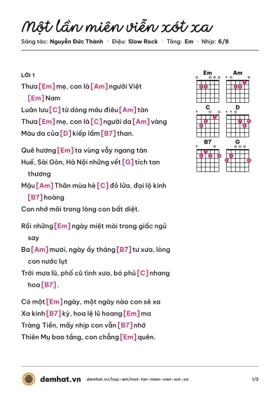 Hợp âm Một lần miên viễn xót xa (Elvis Phương) – bản nhạc PDF trang 1, tông Em
