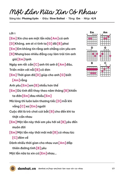 Hợp âm Một Lần Nữa Xin Có Nhau (Bằng Kiều) – bản nhạc PDF trang 1, tông Em