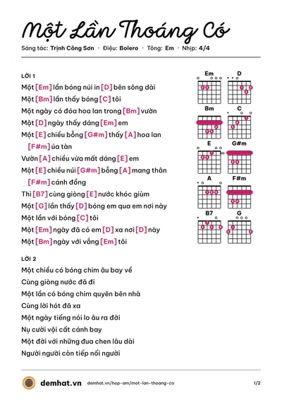 Hợp âm Một Lần Thoáng Có (Khánh Ly) – bản nhạc PDF trang 1, tông Em