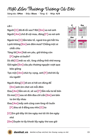 Hợp âm Một Lần Thương Vương Cả Đời (Huy Vạc) – bản nhạc PDF trang 1, tông C