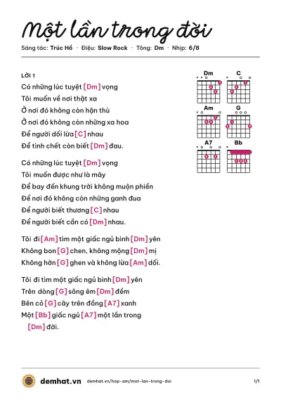 Hợp âm Một lần trong đời (Nguyên Khang) – bản nhạc PDF trang 1, tông Dm