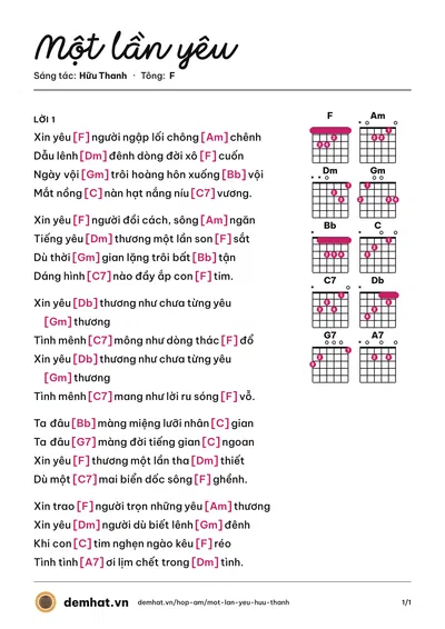 Hợp âm Một lần yêu (Nhã Ca) – bản nhạc PDF trang 1, tông F
