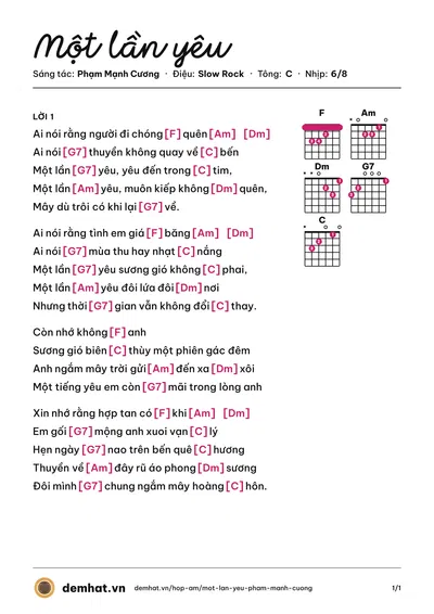 Hợp âm Một lần yêu (Thanh Lan (trước 75)) – bản nhạc PDF trang 1, tông C