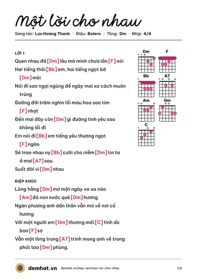 Hợp âm Một lời cho nhau (Quang Lập) – bản nhạc PDF trang 1, tông Dm