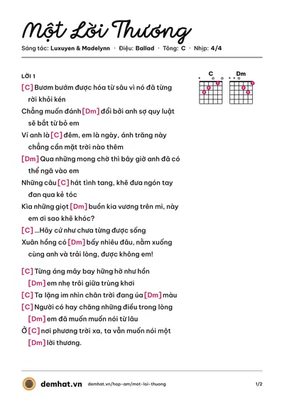 Hợp âm Một Lời Thương (Luxuyen) – bản nhạc PDF trang 1, tông C
