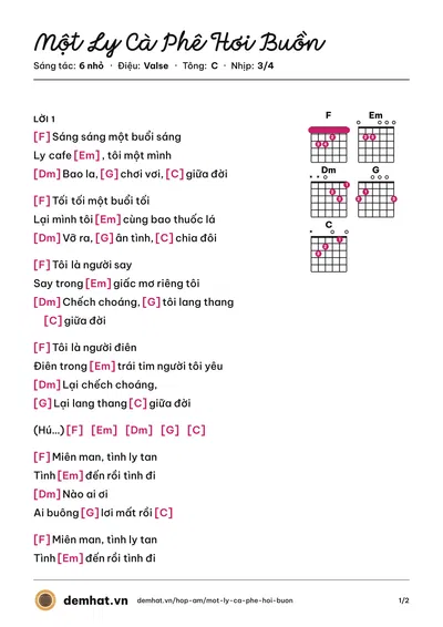 Hợp âm Một Ly Cà Phê Hơi Buồn (6 nhỏ) – bản nhạc PDF trang 1, tông C
