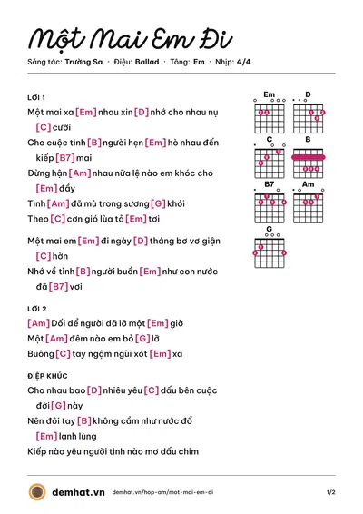Hợp âm Một Mai Em Đi (Bằng Kiều) – bản nhạc PDF trang 1, tông Em