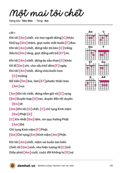 Hợp âm Một mai tôi chết (Hiền Tịnh) – bản nhạc PDF trang 1, tông Am