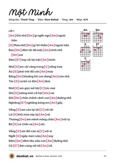 Hợp âm Một Mình (Hồng Nhung) – bản nhạc PDF trang 1, tông Am