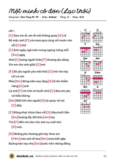 Hợp âm Một mình cô đơn (Lạc trôi) (Sơn Tùng M-TP) – bản nhạc PDF trang 1, tông C