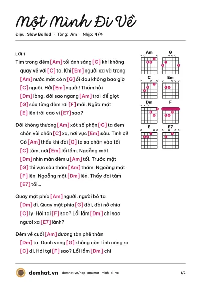 Hợp âm Một Mình Đi Về (Lý Hải) – bản nhạc PDF trang 1, tông Am
