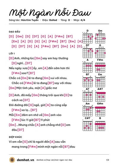 Hợp âm Một Ngàn Nỗi Đau (Văn Mai Hương) – bản nhạc PDF trang 1, tông D