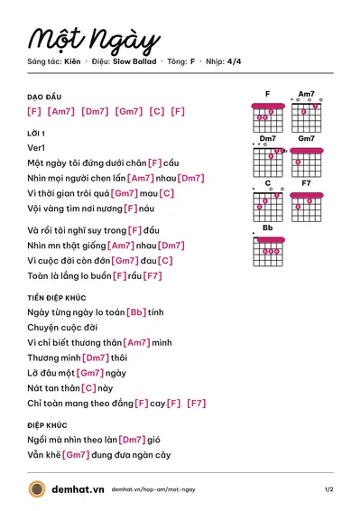 Hợp âm Một Ngày (Kiên) – bản nhạc PDF trang 1, tông F