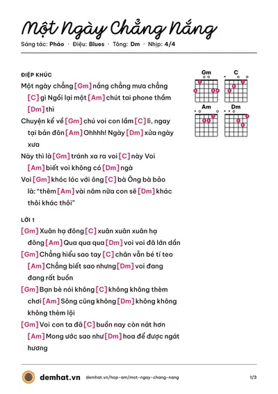 Hợp âm Một Ngày Chẳng Nắng (Pháo) – bản nhạc PDF trang 1, tông Dm