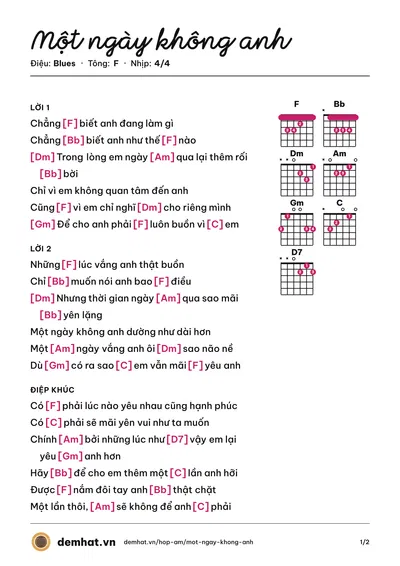 Hợp âm Một ngày không anh – bản nhạc PDF trang 1, tông F