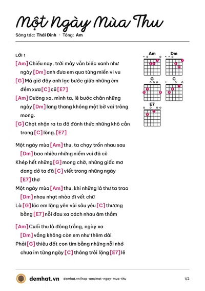 Hợp âm Một Ngày Mùa Thu (Thái Đinh) – bản nhạc PDF trang 1, tông Am