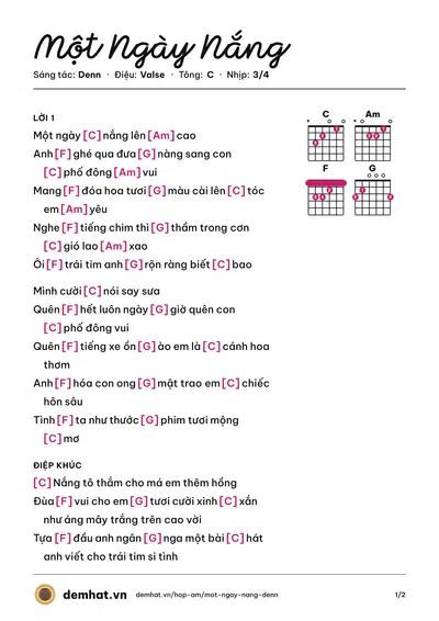 Hợp âm Một Ngày Nắng (Denn) – bản nhạc PDF trang 1, tông C